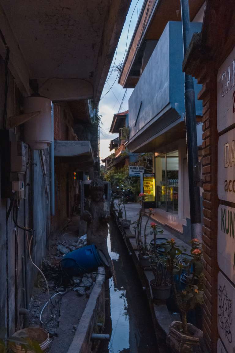 Photo en couleur d'une ruelle avec un canal rempli d'eau à Ubud, Bali.