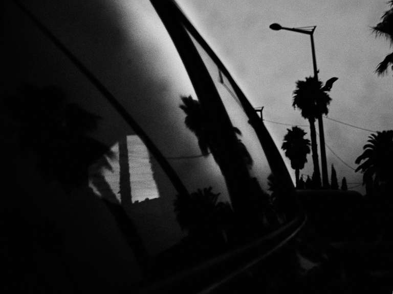 Photo de rue en noir et blanc de palmiers et lampadaires se reflétant dans la vitre d'une voiture à Toulon, dans le sud de la France.