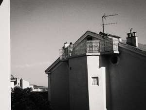 Black and white street photography, a picture of an elderly couple on their balcony looking at the sky in Toulon, south of France.